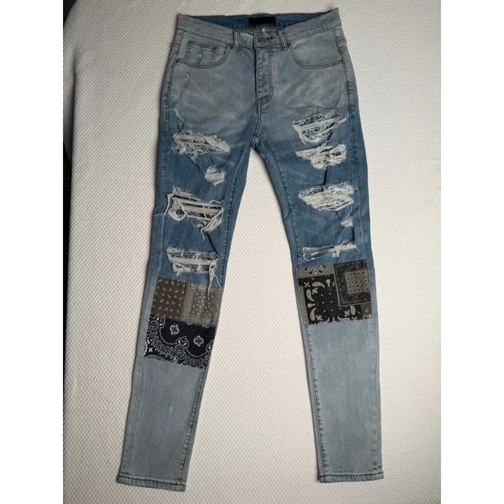 Men's AMIRI Light Blue Distressed Bandana Patch Skinny Jeans Waist 30